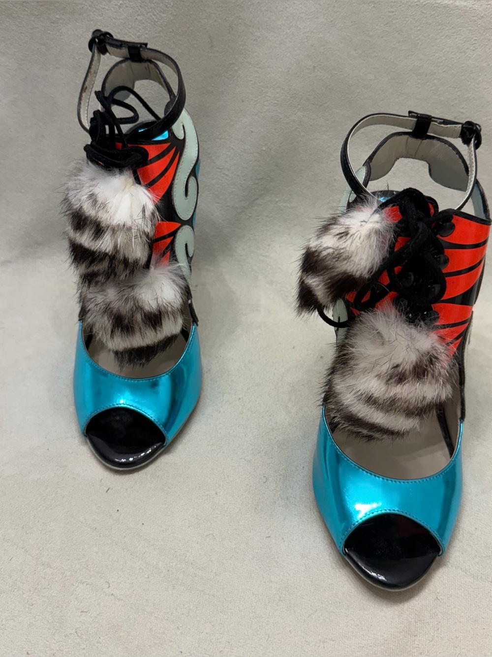 Sophia Webster Metallic Turquoise Peep-Toe Lace-Up Heels with Fur Poms